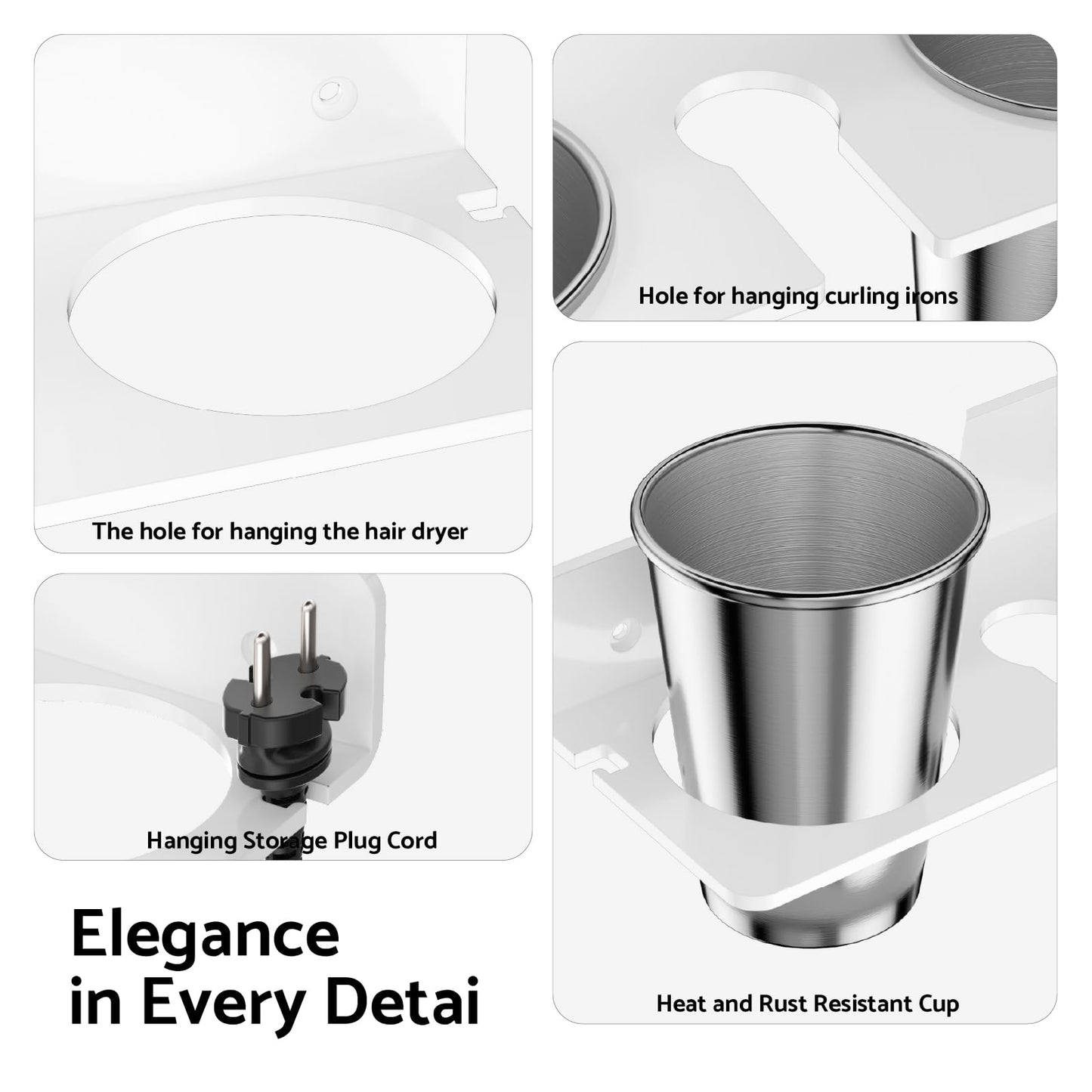 AITEE Hairdryer and Straightener Holder Wall Mounted, White Acrylic Hair Dryer Holders with 2Cups