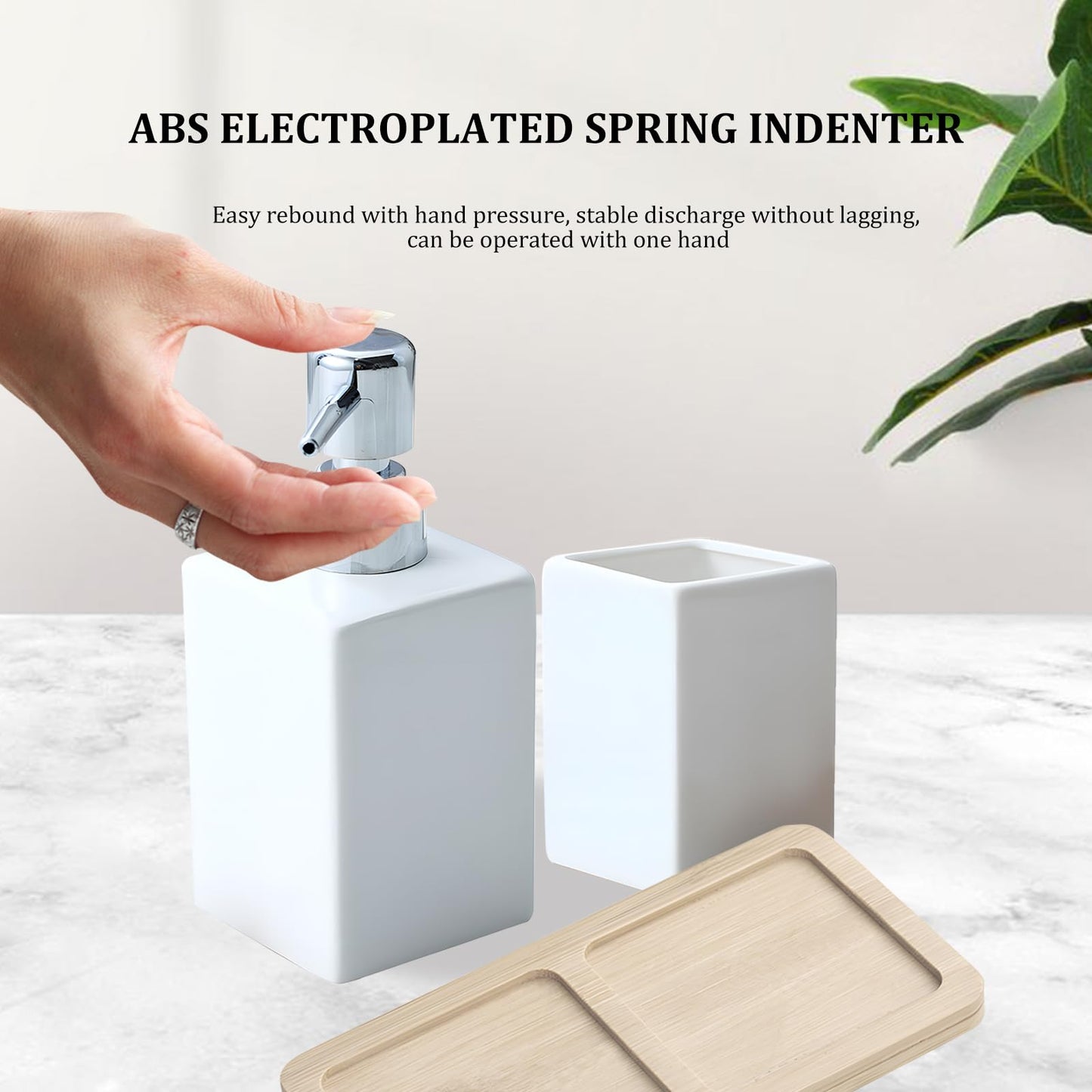 White Ceramic Bathroom Set with Wood Tray | Includes 320ml Soap Dispenser & Tumbler | Luxury Bathroom Accessories & Decor
