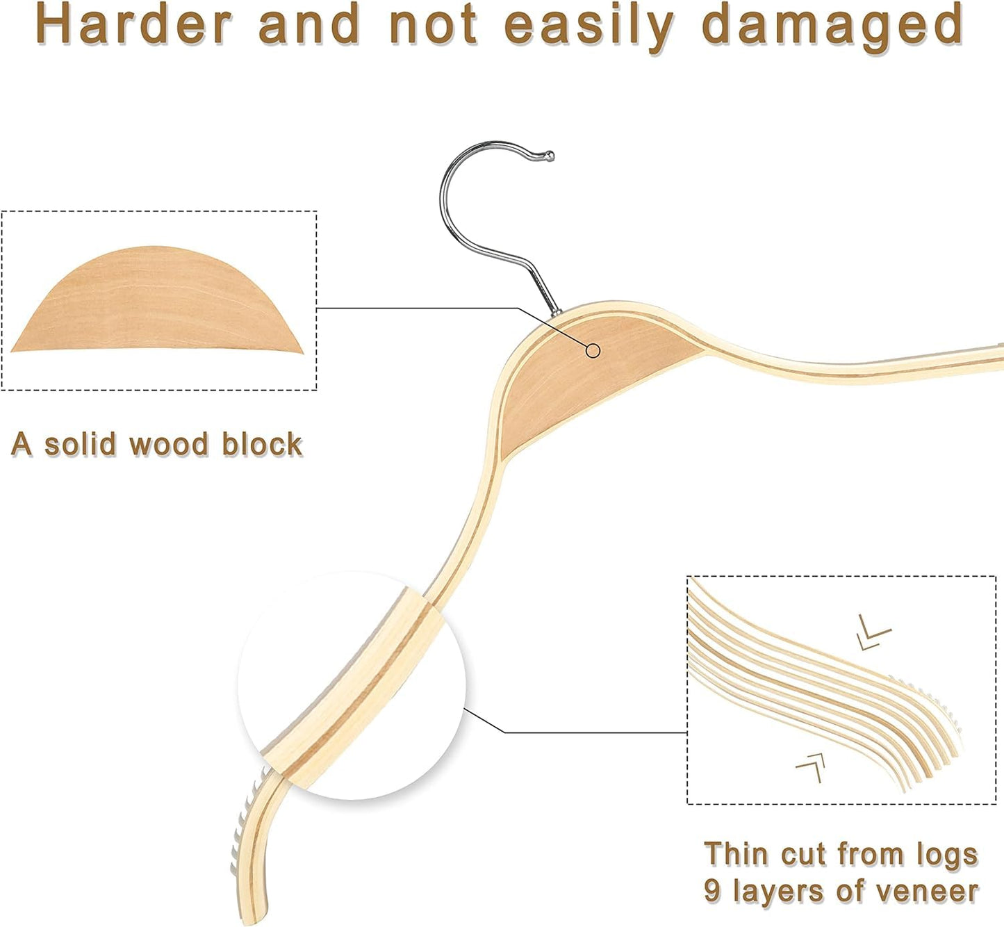 TOPIA HANGER Slim Natural Wood Hangers with Extra Soft Non-Slip Rubber Grips, 30-Pack High-Grade Fashion Hanger No Shoulder Bump for Sweaters