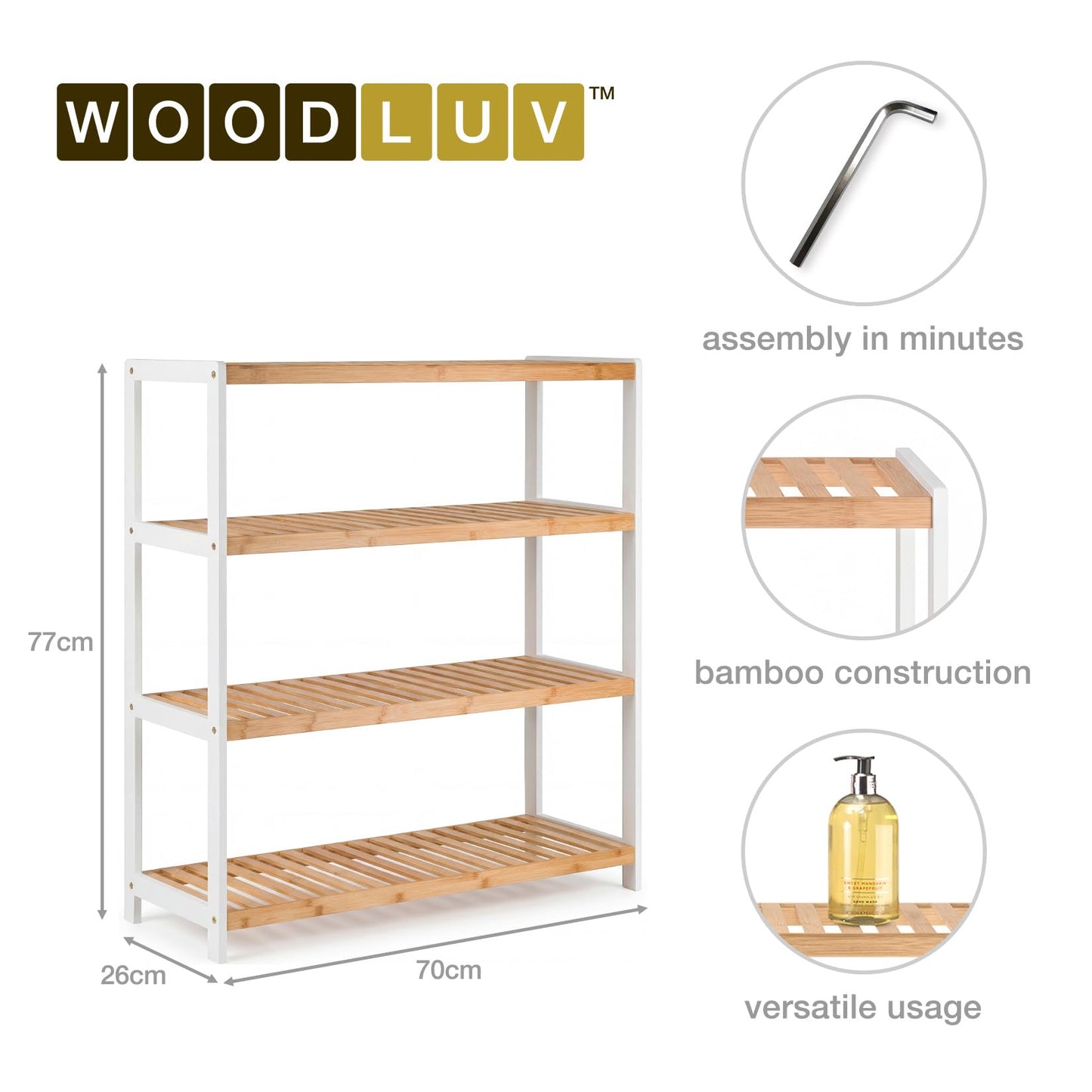woodluv 4-Tier Shoe Rack, Shoe Storage Organiser, Wooden Storage Rack, Shoe Shelf for Hallway, Living Room, Plants Books, Bedroom,Bathroom
