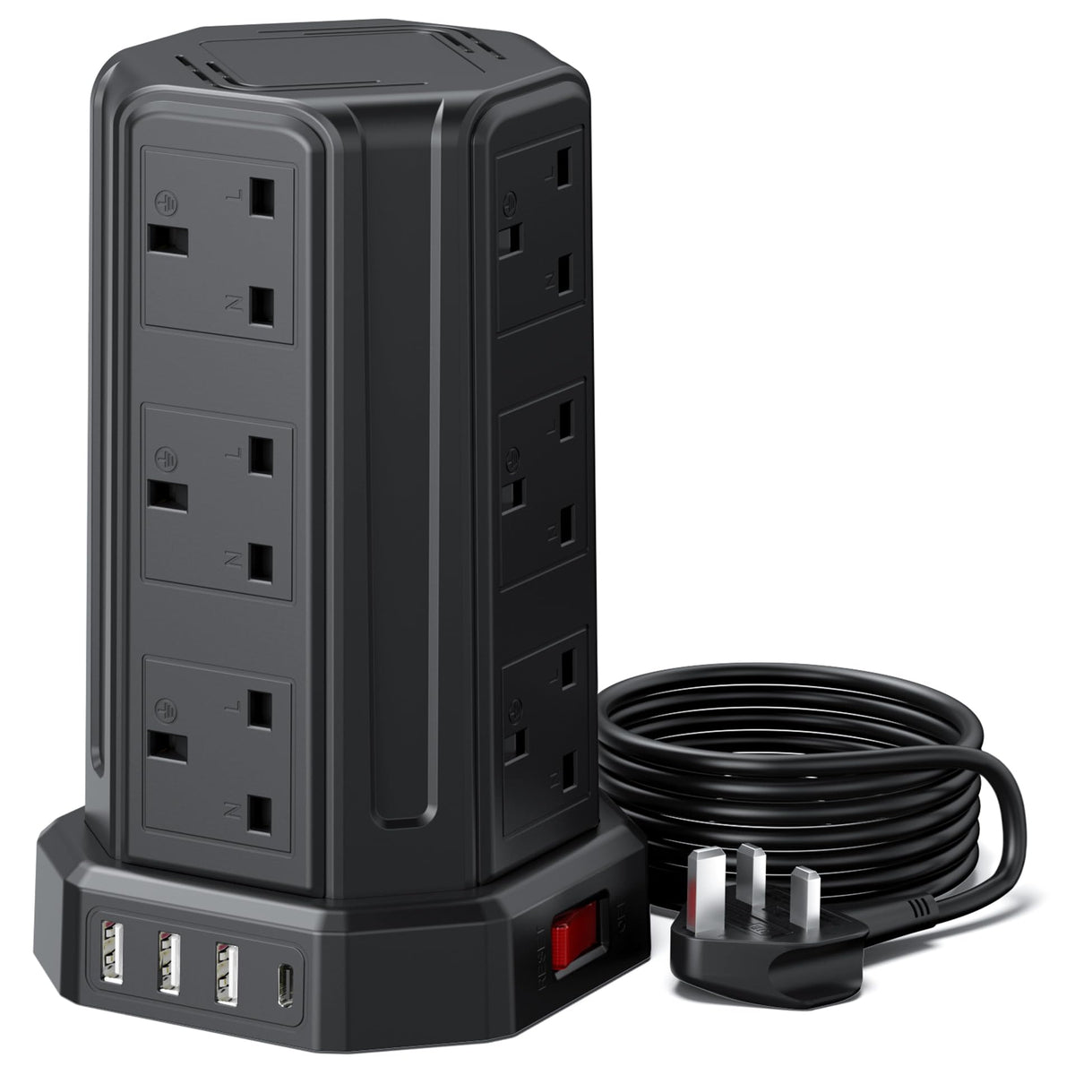 Tower Extension Lead 3M, 13A 3250W 12 Way Tower Extension Lead Multi Plug Extension Sockets with 4 USB Slots, Surge Protector Extension Cable 3M for