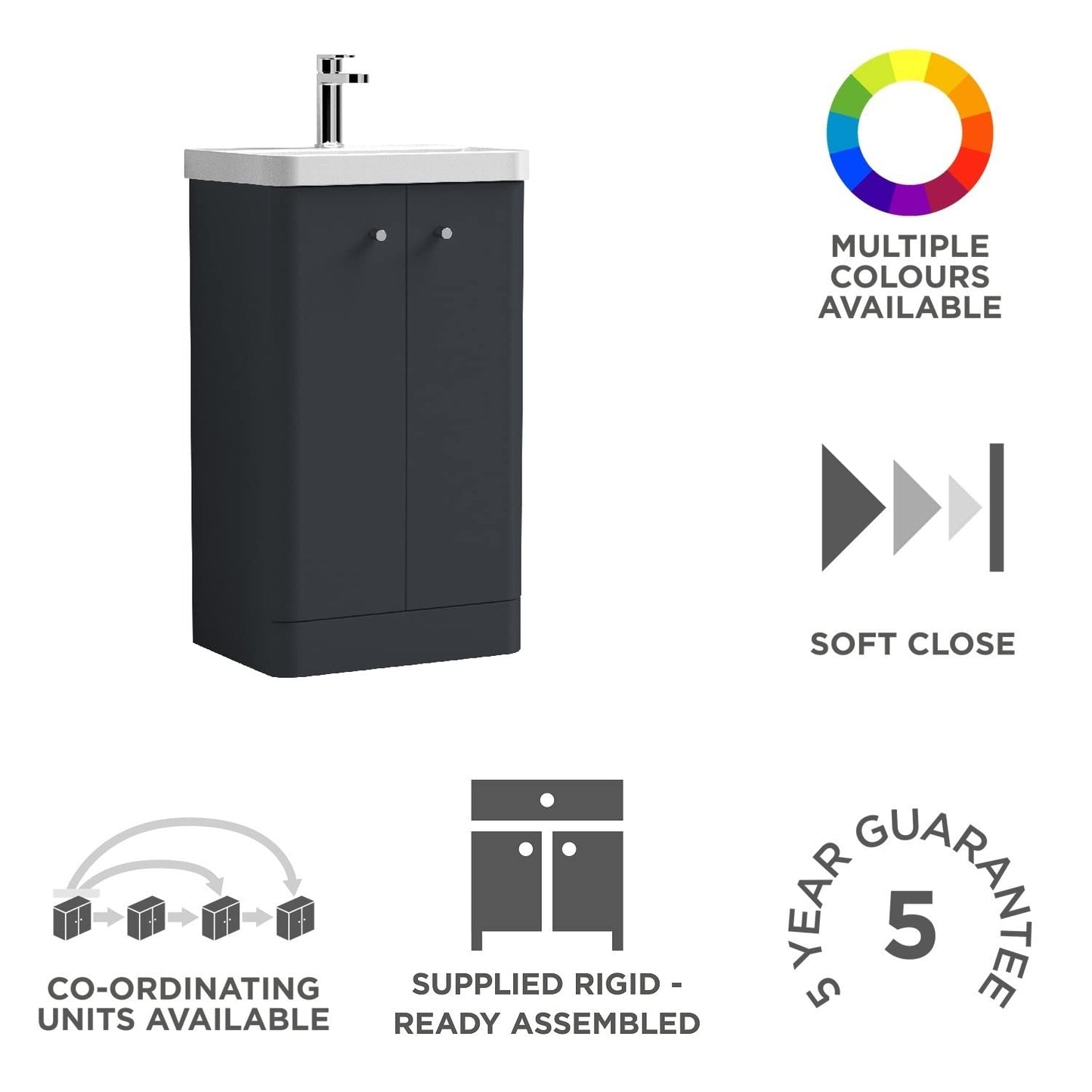 nuie COR1404 Core Modern Bathroom Floor Standing 2 Door Vanity Basin Unit with Ceramic Basin, 500mm, Soft Black