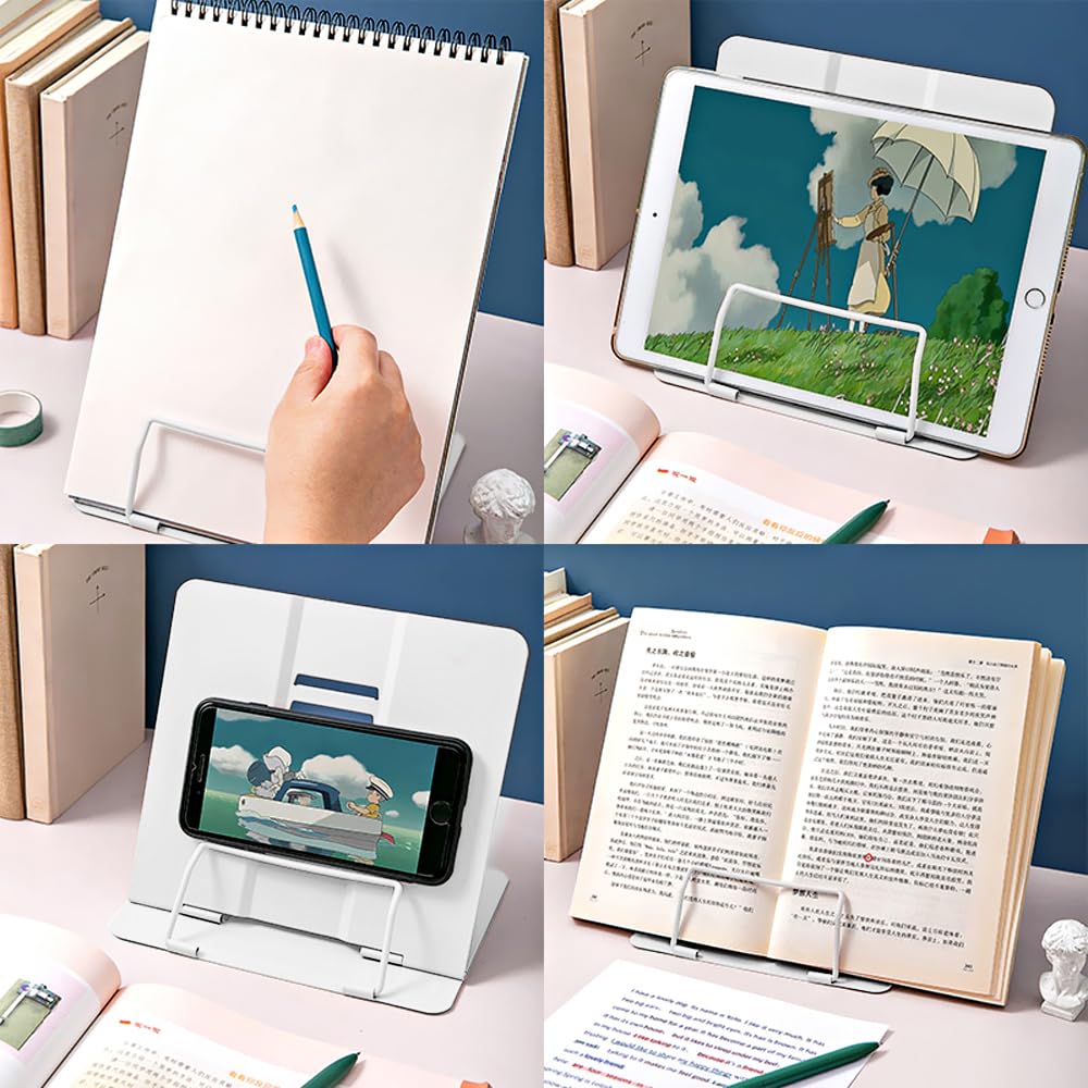 Book Stand, Multifunctional Metal Book Holder for Reading White