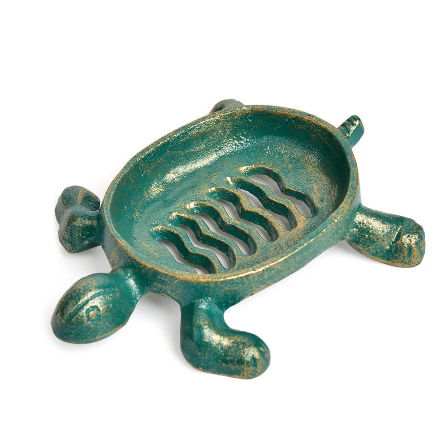 Sungmor Heavy Duty Cast Iron Drainable Soap Holder - Lovely Tortoise Shaped & Antique Green & Gold Finish - Kitchen Bathroom Sink Soap Dish Tray -