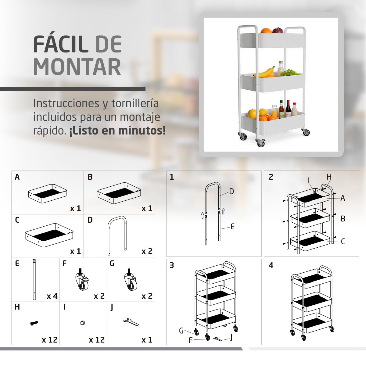 Amig – 3‑Tier kitchen trolley with castors Mod. LINN – Auxiliary steel shelving – White – Multipurpose trolley for kitchen, bathroom or office