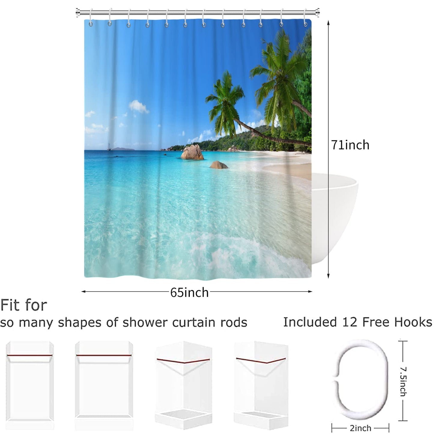 Hnmdmyi Ocean Beach Shower Curtain 165x180, Tropical Palm Trees Seaside Island Blue Sky Hawaiian Landscape Bathroom Curtains with Hooks Waterproof