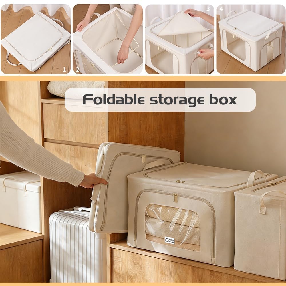 Ruucy 2 Psc Clothes Storage Boxes 24L, Foldable Clothes Storage Bags with Steel Frame & 3 Open Zips
