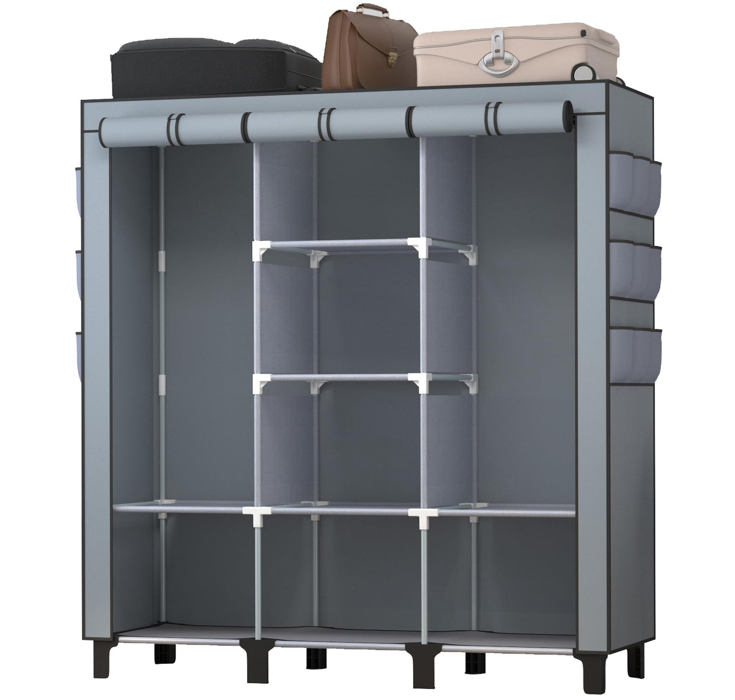 chunyangjingpin Portable Closet with 2 Hanging Rails & 8 Shelves, Bedroom Wardrobe with 18 Side Pockets, Foldable Garment Organiser (Grey)