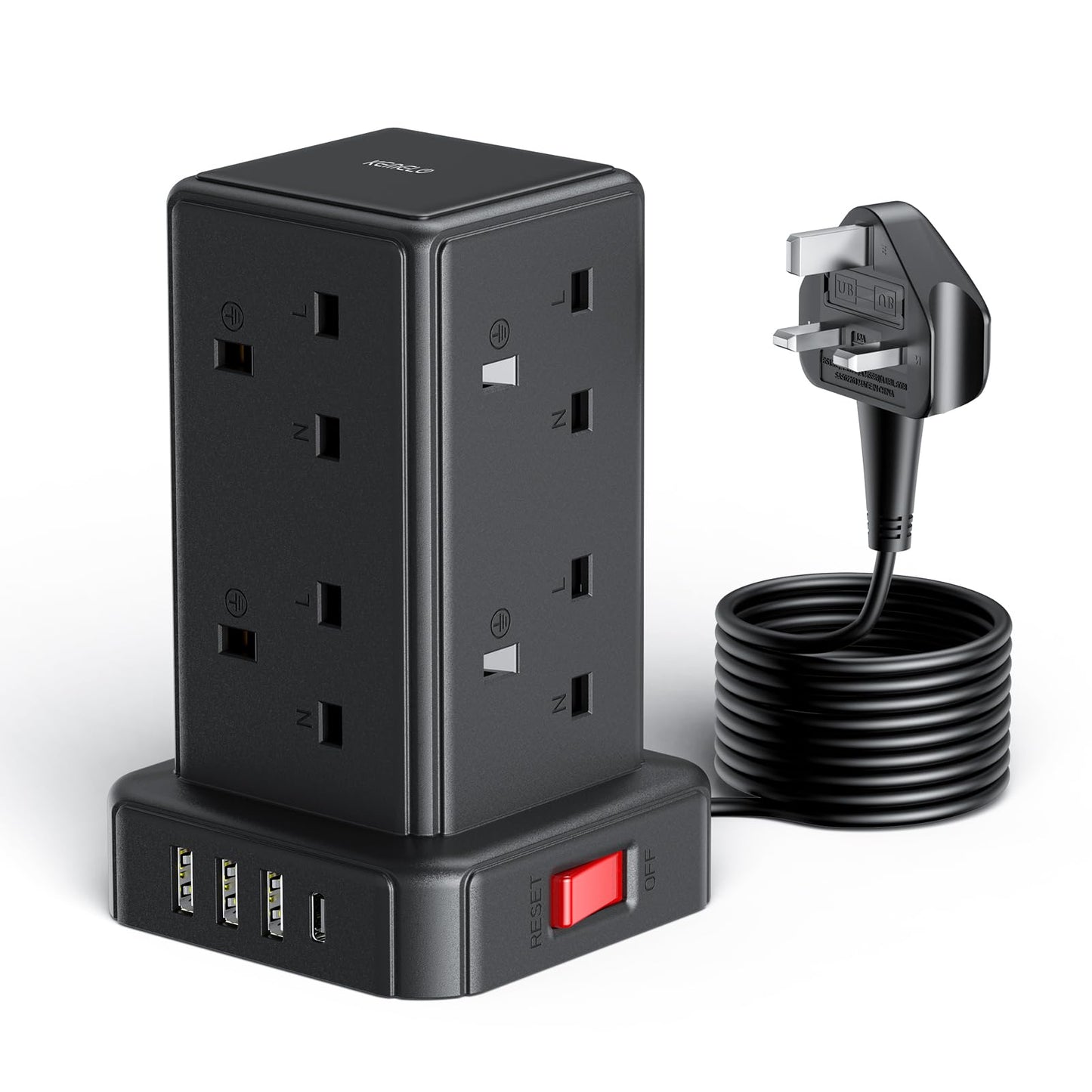 Tower Extension Lead 3M with 8 Way Multi Plug Extension Tower & 4 USB Ports (13A 3250W),Mini Power Strip with Switch, Extension Cable Surge Protection