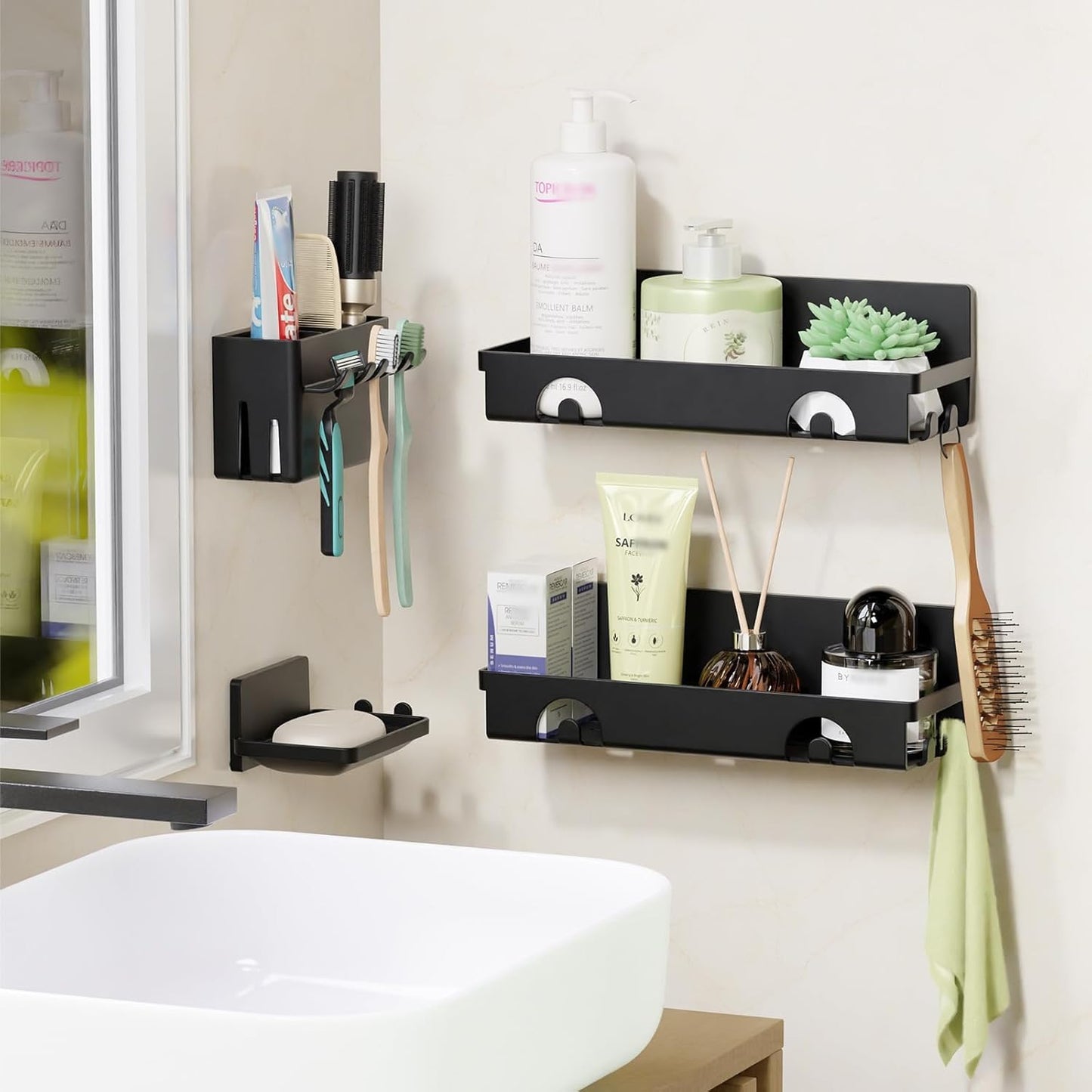 PAVSTINE Shower Caddy, 4 Pack Shower Shelves with Soap Dish, Black Bathroom Storage Accessories, No Drilling Hanging, Self Adhesive Bathroom