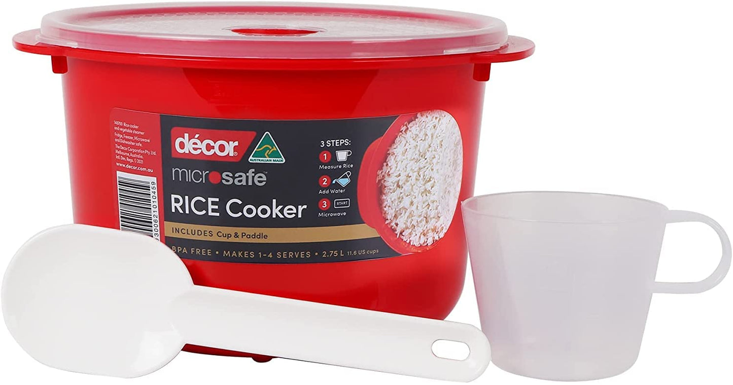 D?cor Microwave Rice Cooker Makes 1-4 cups each time comes with measuring cup and rice paddle. Stay cool handles and steam release vent. Dishwasher