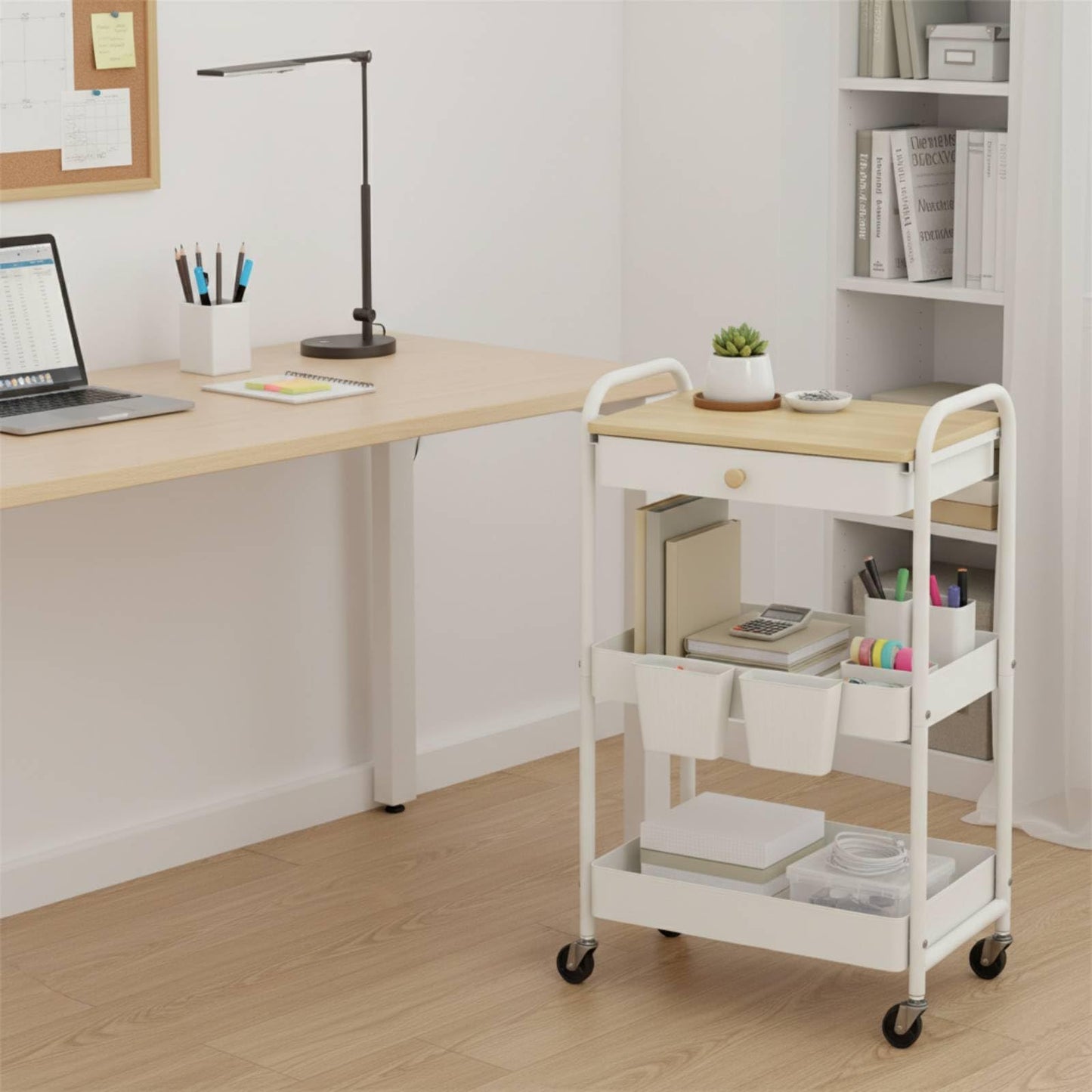 danpinera 3 Tier Rolling Cart, Metal Utility Cart with Wooden Table Top & Drawer, Rolling Carts, Storage Cart with Hanging Cups for Kitchen, Bathroom