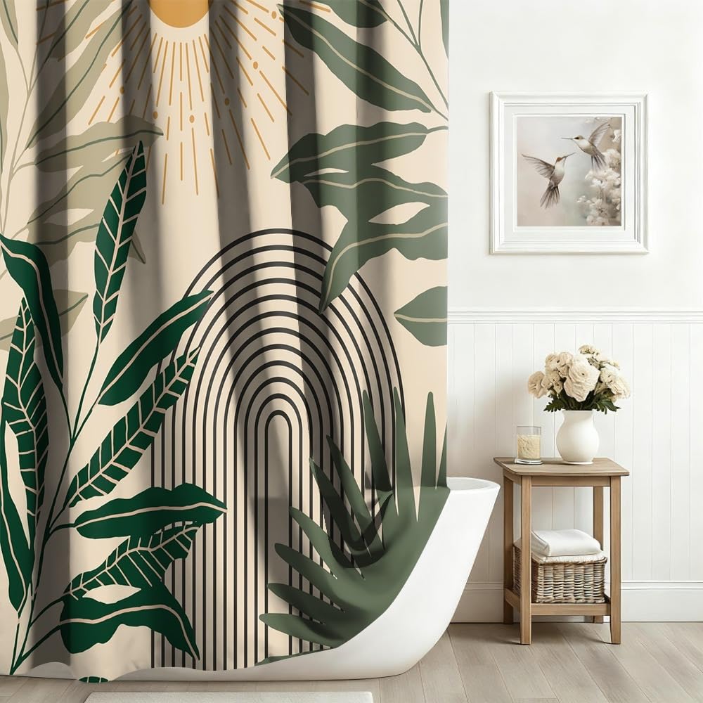 Xiaoterna Mid Century Boho Beige Shower Curtain Abstract Neutral Color Green Leaves Arch Lines Sun Waterproof Bathroom Curtains Minimalist Aesthetic