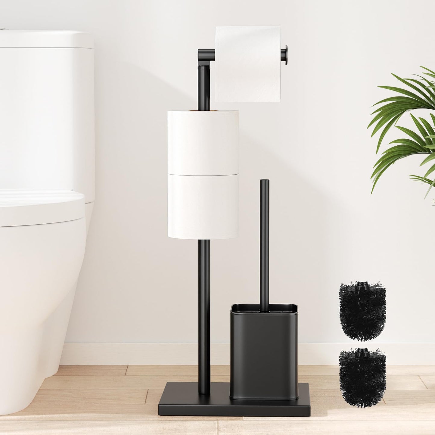 Stainless Steel Toilet Roll Holder with Toilet Brush - Toilet Roll Holder Free Standing, Susswiff Toilet Paper Holder and Toilet Brush, Matte Black