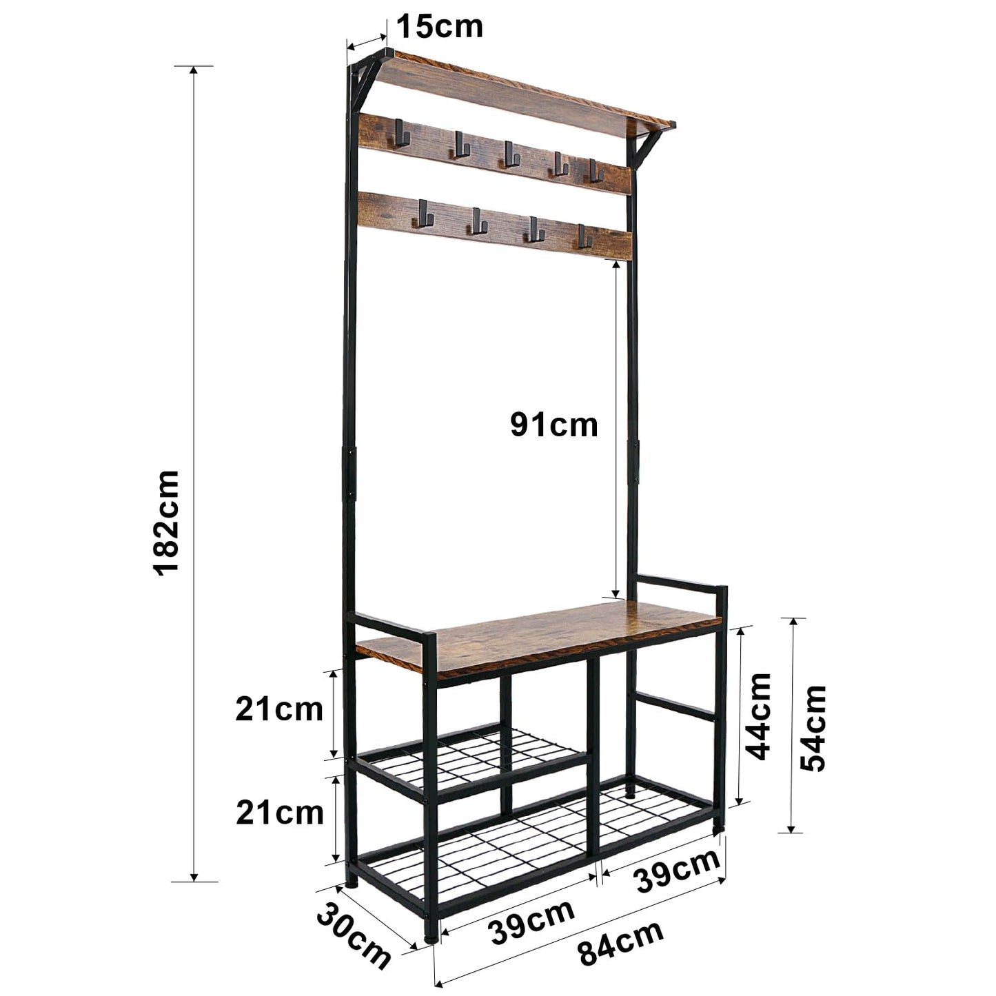 Industrial Coat Rack Freestanding Hall Tree 33"x12"x71.5" Rustic Brown