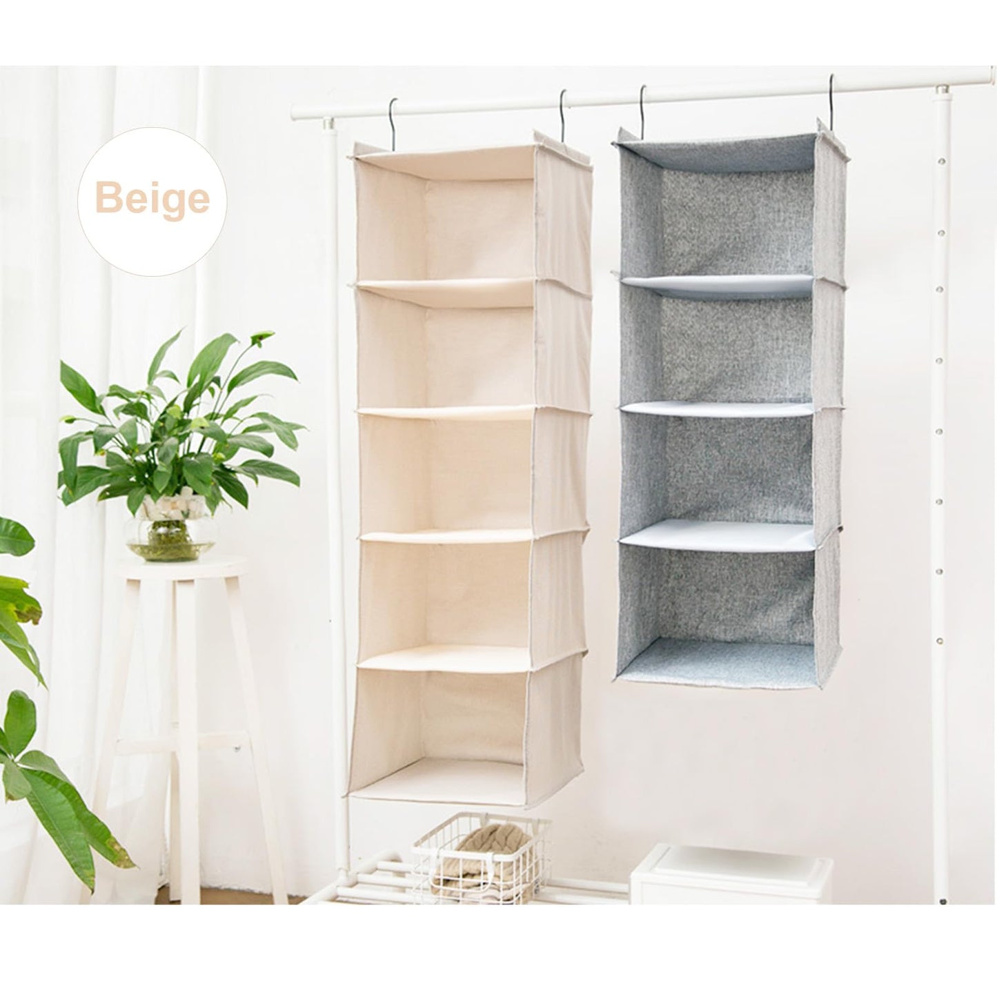 BOMEI PACK Beige Hanging Wardrobe Closet Organizer Shelves with 5 foldable Storage compartments,easy hang up with Curved Metal Hooks for storage