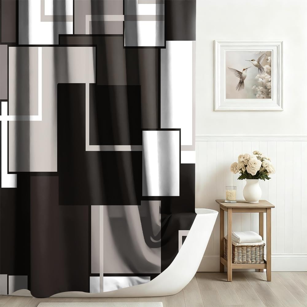 Xiaoterna Geometric Shower Curtain Abstract Black White Grey Bathroom Curtain Modern Simplicity Geometry Patchwork Waterproof Washable Shower Curtain