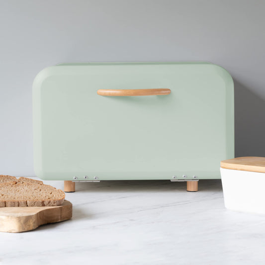 Navaris Bread Bin - Metal Bread Box Storage Tin with Front Opening Drop Down Door for Kitchen Counter or Shelf - Bakery Storage Container - Mint Green