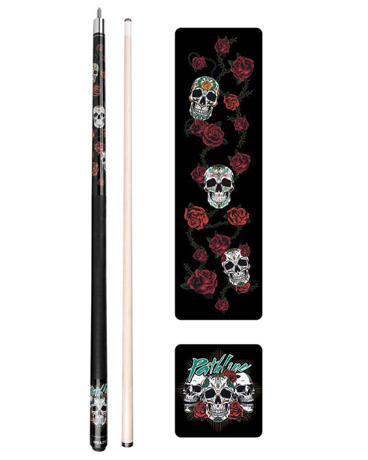 Pathline PL518 Pool Cue Stick - 58" Canadian Maple 13mm Tip Billiard Pool Stick(Black/Skull - 21oz)