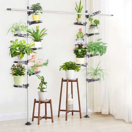 BAOYOUNI Indoor Plant Pole Stand Double Tension Rods Flower Pot Storage Shelf Holders Floor to Ceiling Display Rack Hanger with 12 Trays, 2 Hooks & 1