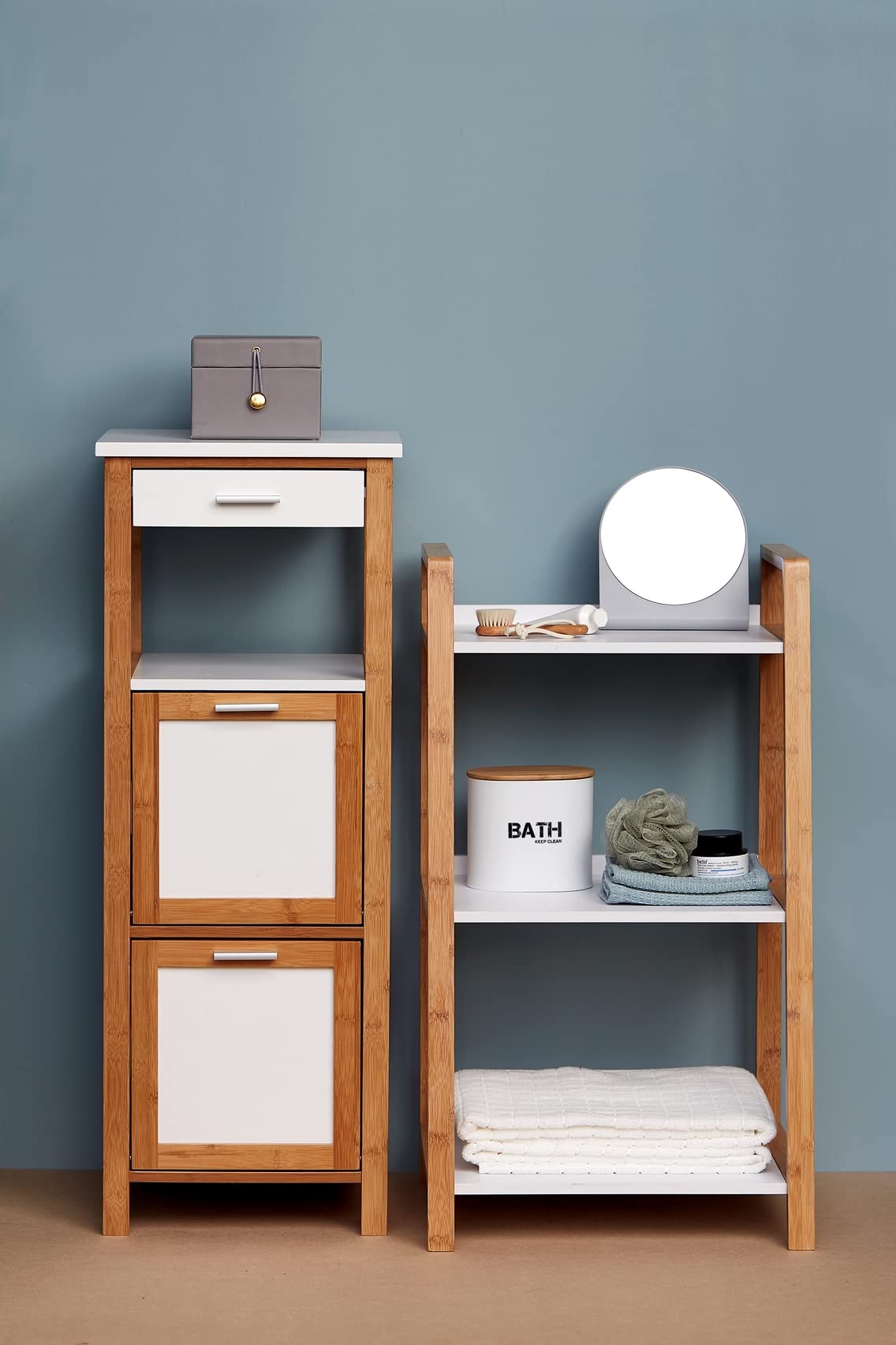 WENKO 23699100 Bathroom Box, White/Brown, 14.5 x 13.5 x 10.5 cm
