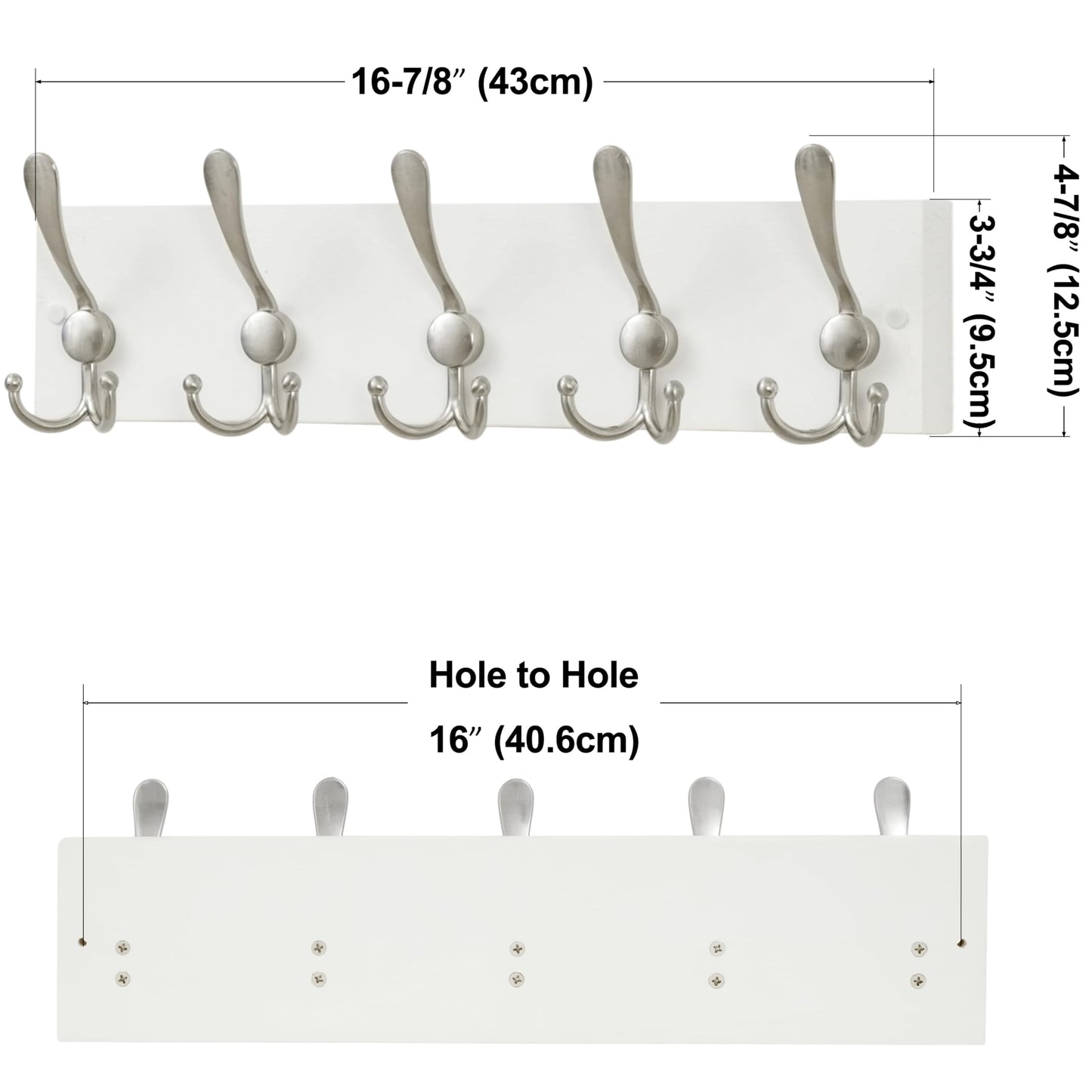 SKOLOO Creations White Solid Wood Wall Mounted Coat Rack, 5 Hooks, 16-7/8" Long - Kitchen, Mudroom, Entryway, Bathroom - Includes Mounting Hardware