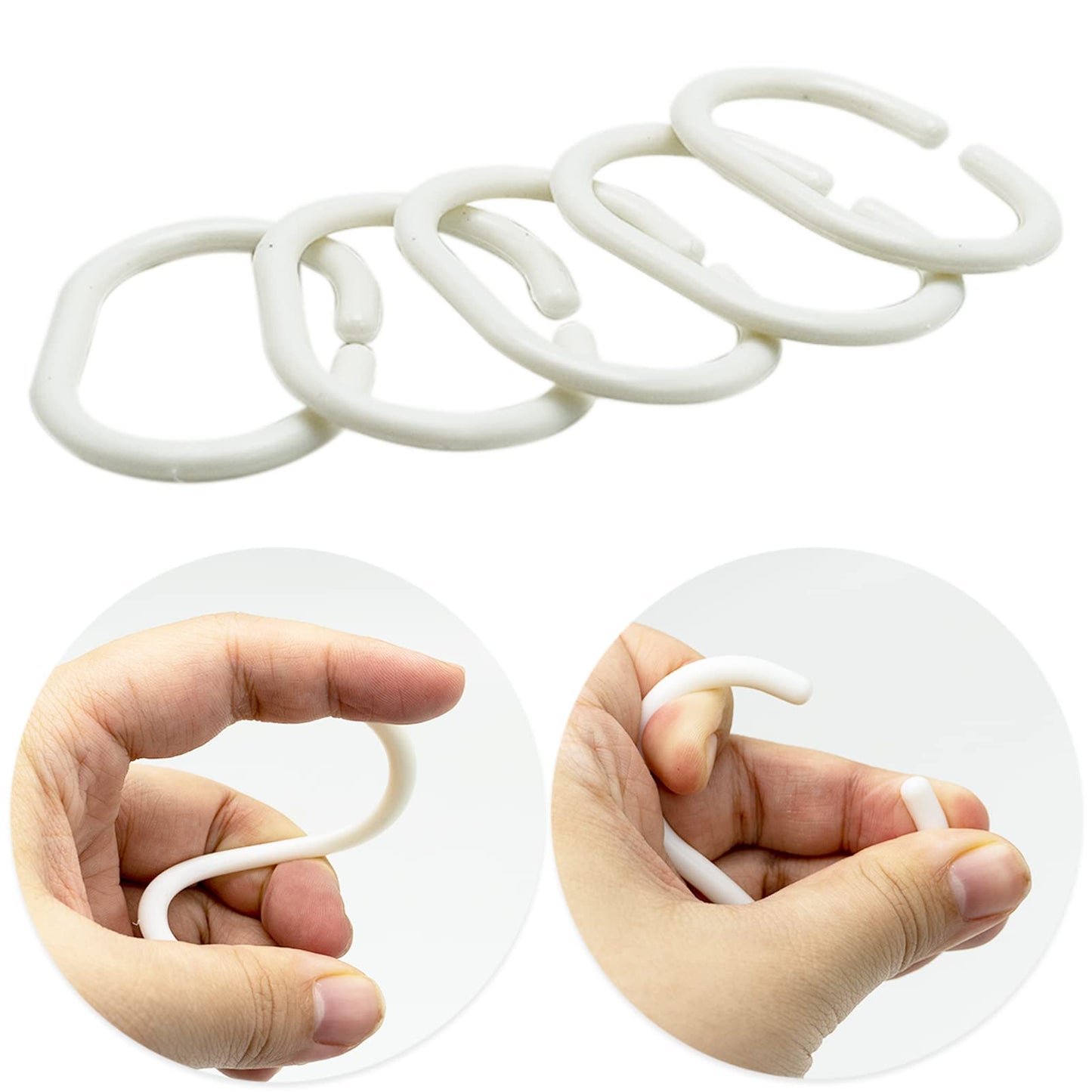12 Pack Plastic Shower Curtain Rings, C-Shaped Hooks for Bathroom, White