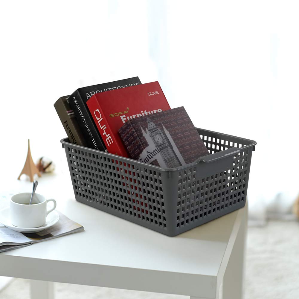 Rinboat Large Plastic Rectangle Storage Baskets, Gray, 6 Pack