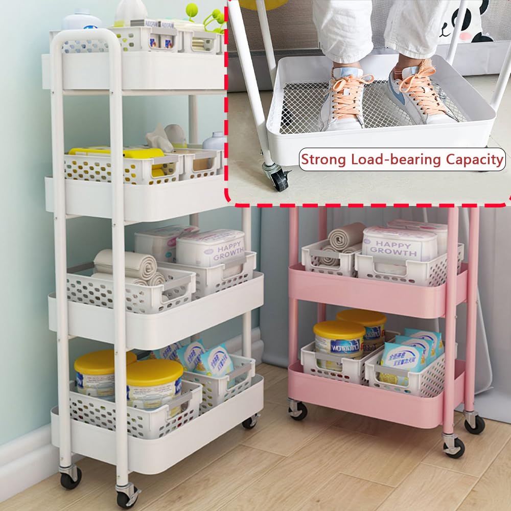 4-Tier Storage Rolling Cart Trolley Metal Mobile Shelving Organiser with 360° Swivel Wheels for Kitchen, Bedroom