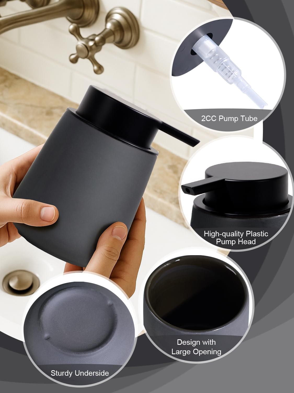 Autumnlife Soap Dispenser Grey Detergent Dispenser, 350 ml Black Porcelain Soap Dispenser with Large Pump Head