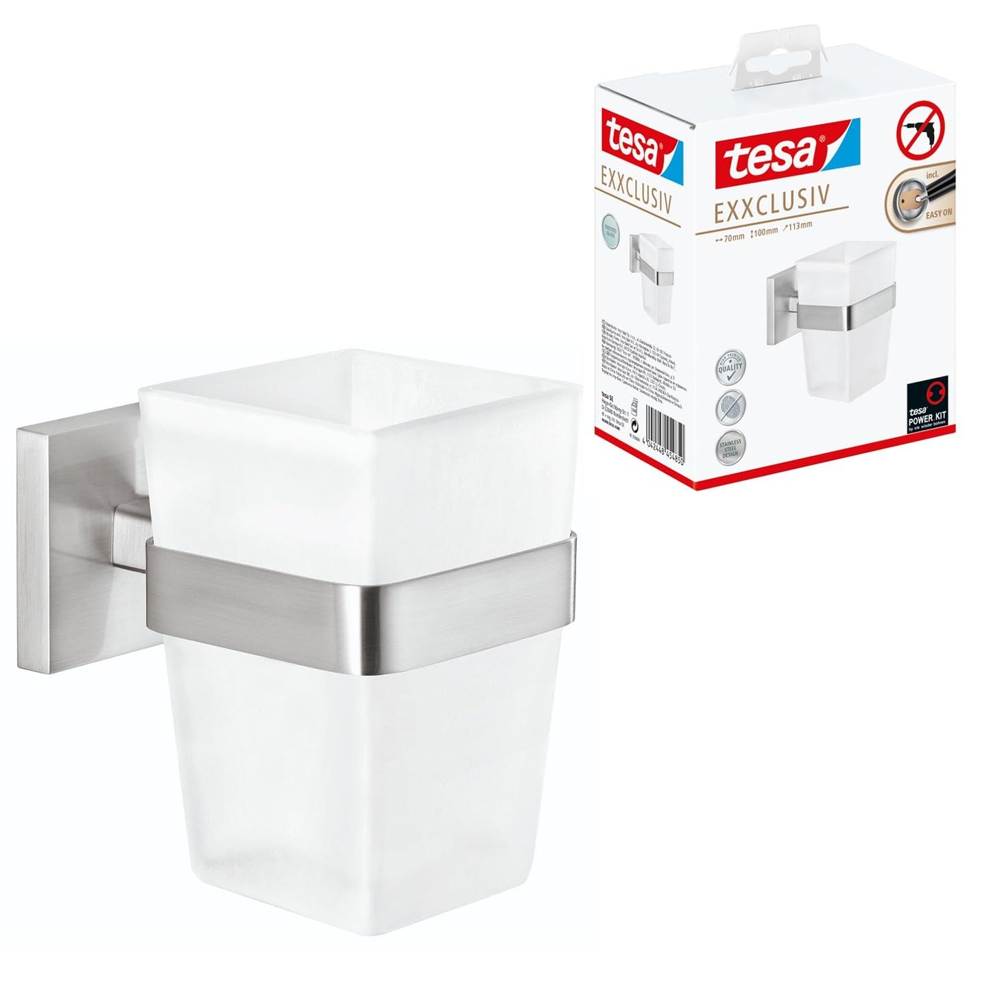 tesa EXXCLUSIV Toothbrush Holder - Self-Adhesive, Stainless-Steel Tooth Brush Holder with Frosted Glass Cup - Waterproof, incl. Power.Kit Adhesive