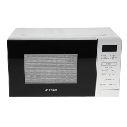 EMtronics 20 Litre 700W Digital Microwave with 800w Grill, 10 Power Levels, 8 Preset Options, Defrost Function and Cavity Light - Silver