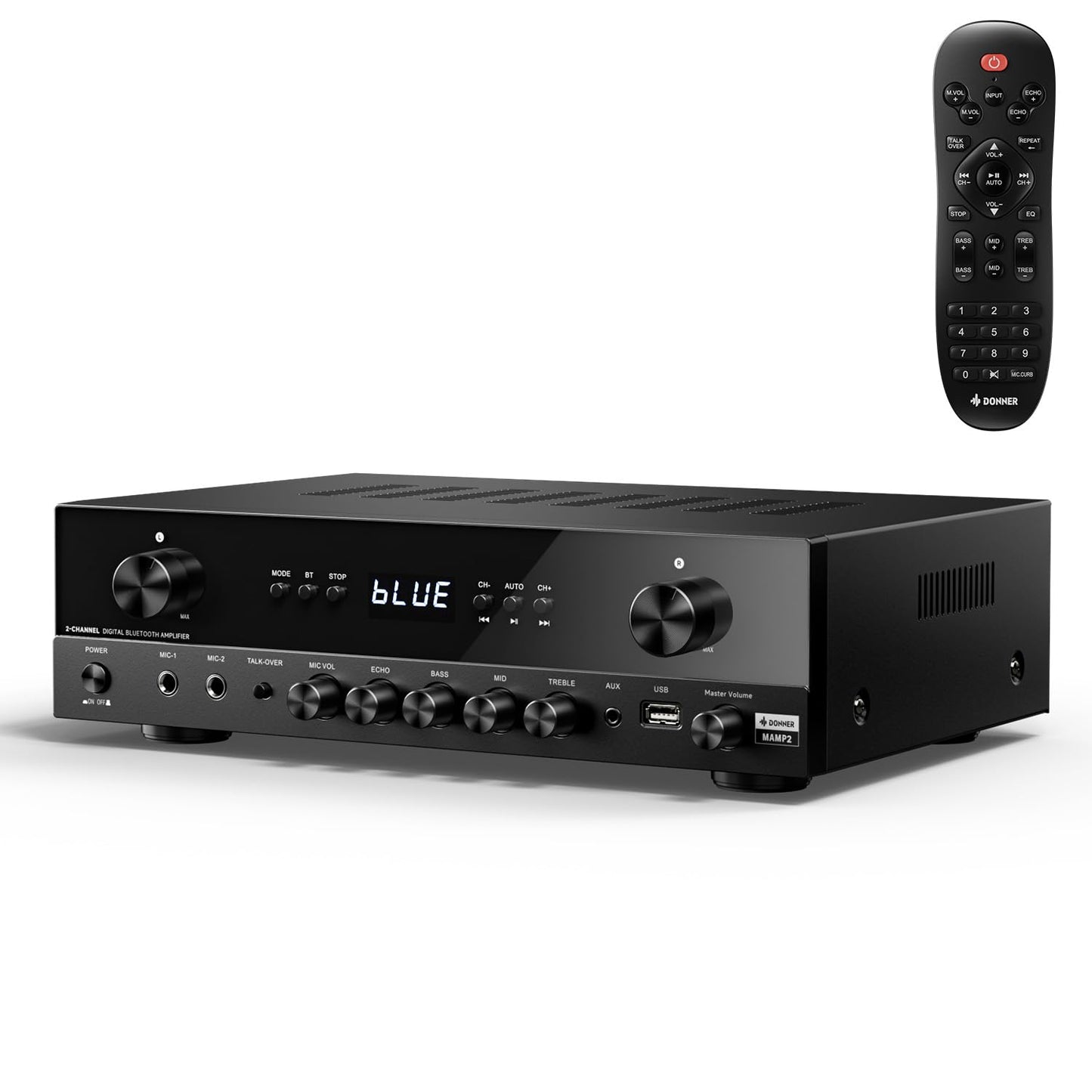 Donner Stereo Audio Amplifier, 600W Peak 2 Channel Receiver with Bluetooth 5.3, Phono, Optical, Coaxial, USB, FM, 2 Mic-in, Aux, RCA Input for Home,