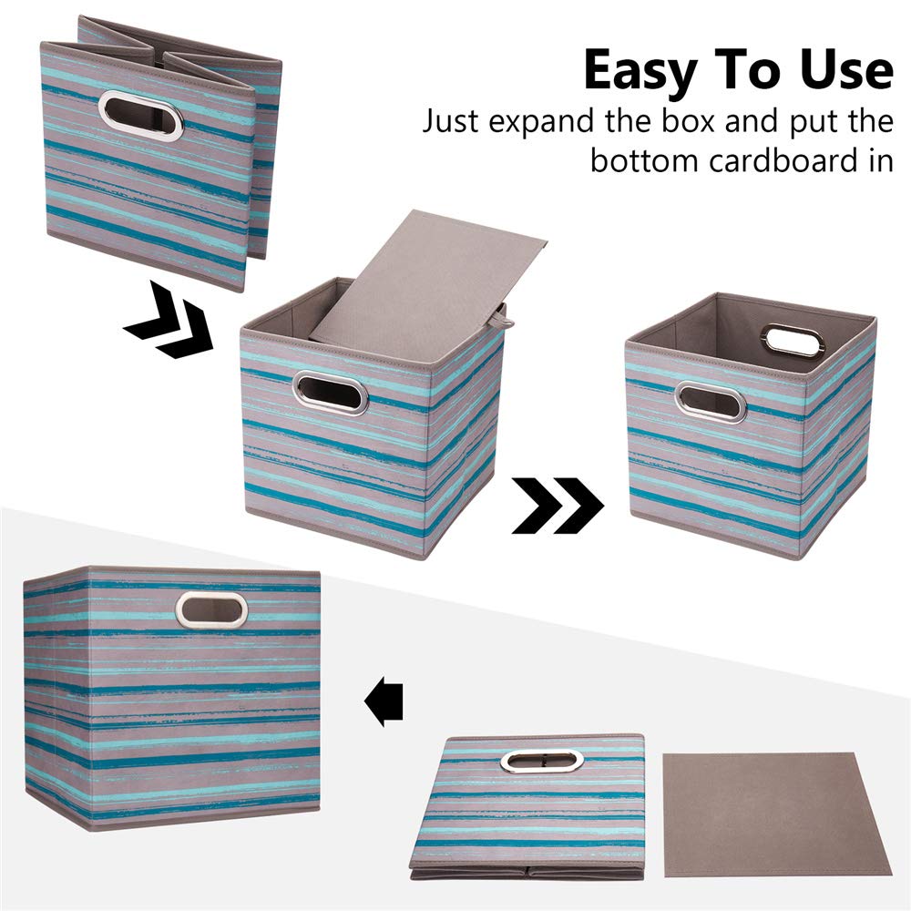 HSDT 6 Cube Storage Bins Teal Stripes Gradient Lines 10.5x10.5x11 Inch Foldable Whale Coastal Print Fabric Half Storage Basketes for Home Organizers