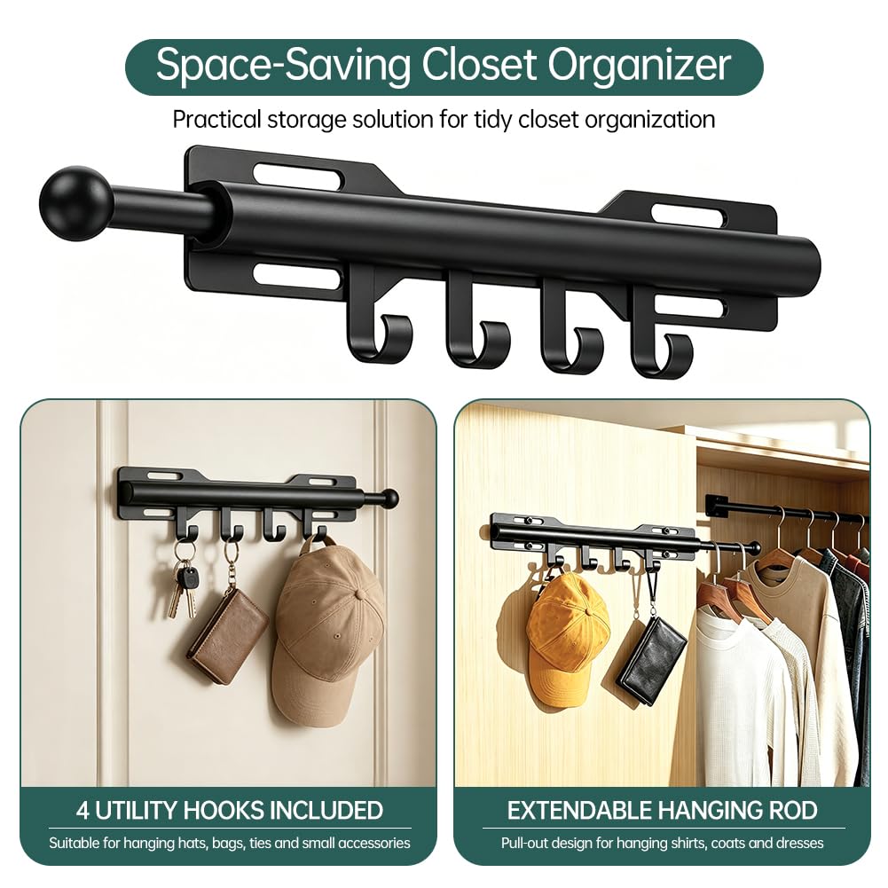 Pull out Clothes Rail, Adjustable Clothes Rail Pole with 4 Hooks, Heavy Duty Stainless Steel Extendable Wardrobe Rail for Closet, Laundry Room