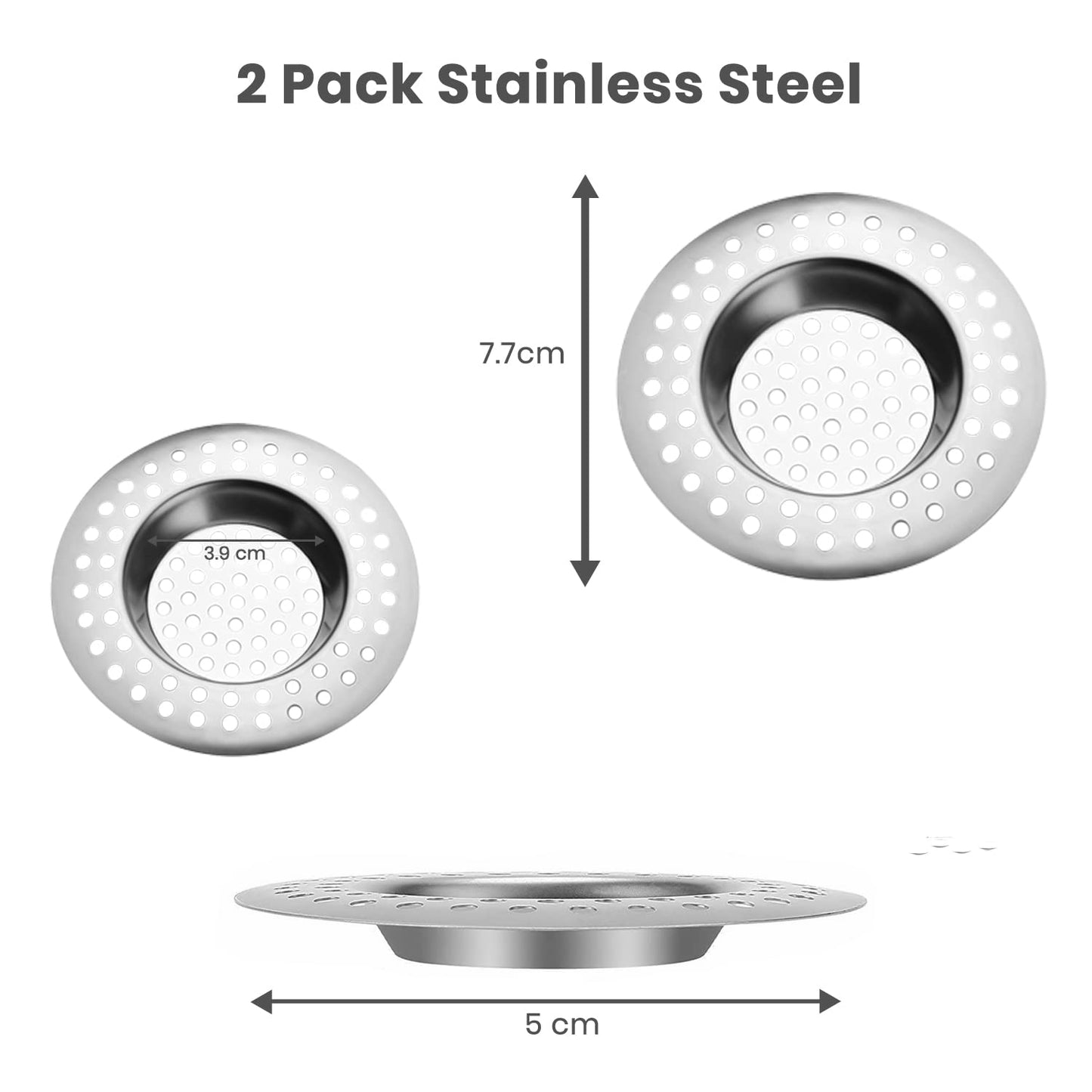 2pk Bath Plug Hair Catcher – Plug Hole Hair Catcher, Shower Plug Hair Trap | Stainless Steel Flat Sink Strainer for Bath and Kitchen – 7.7cm | 90 Hole