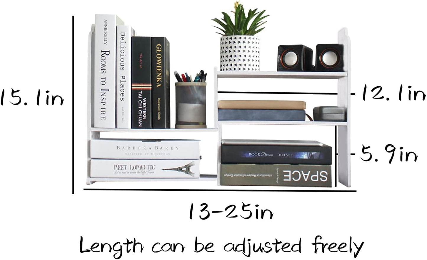 DoToGo Desk Shelf Organizer, Deskop Bookshelf for Small Space Adjustable Expendable for Office, Home, Kitchen (white-wlk)
