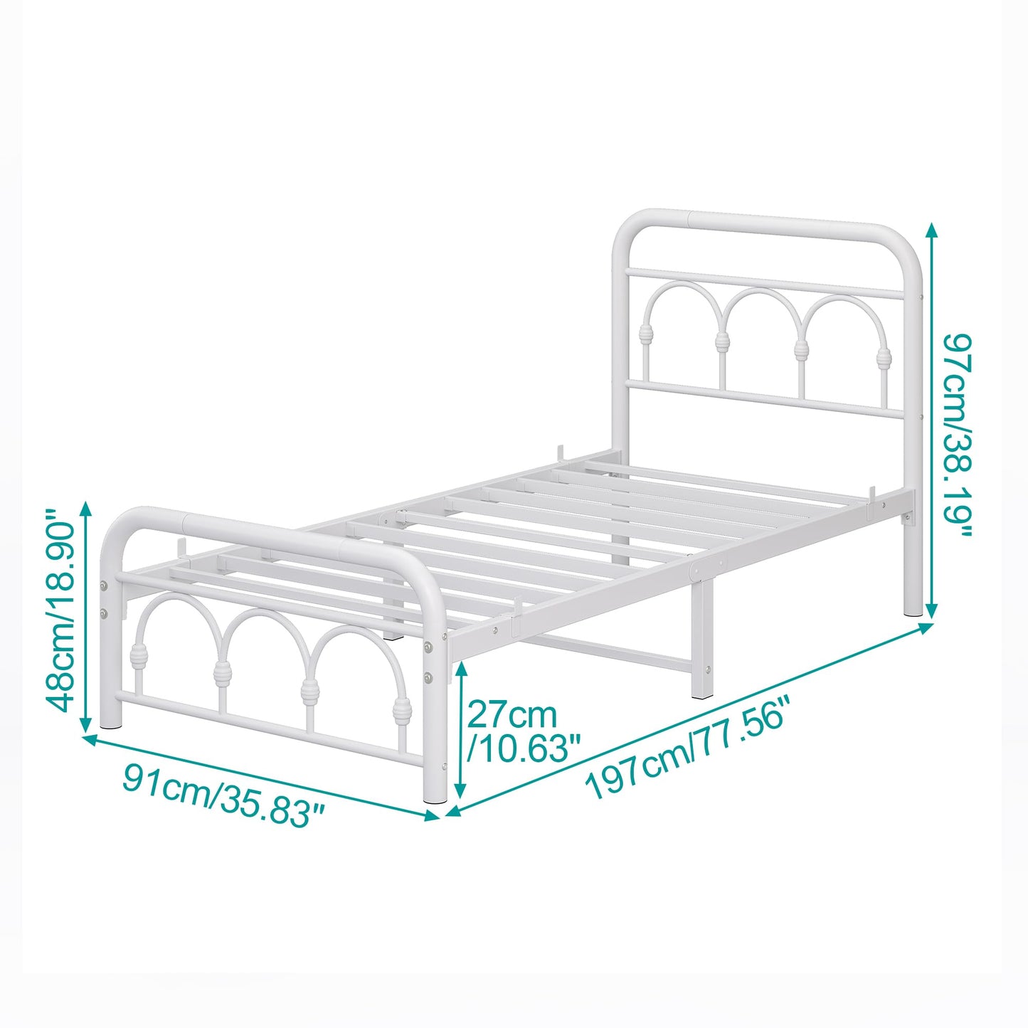 MUZERUL 3ft Single Bed Frame with Headboard(90x190cm),Metal Arched Single Size Bed Base with Footboard,Heavy Duty Metal Platform,Steel Slat