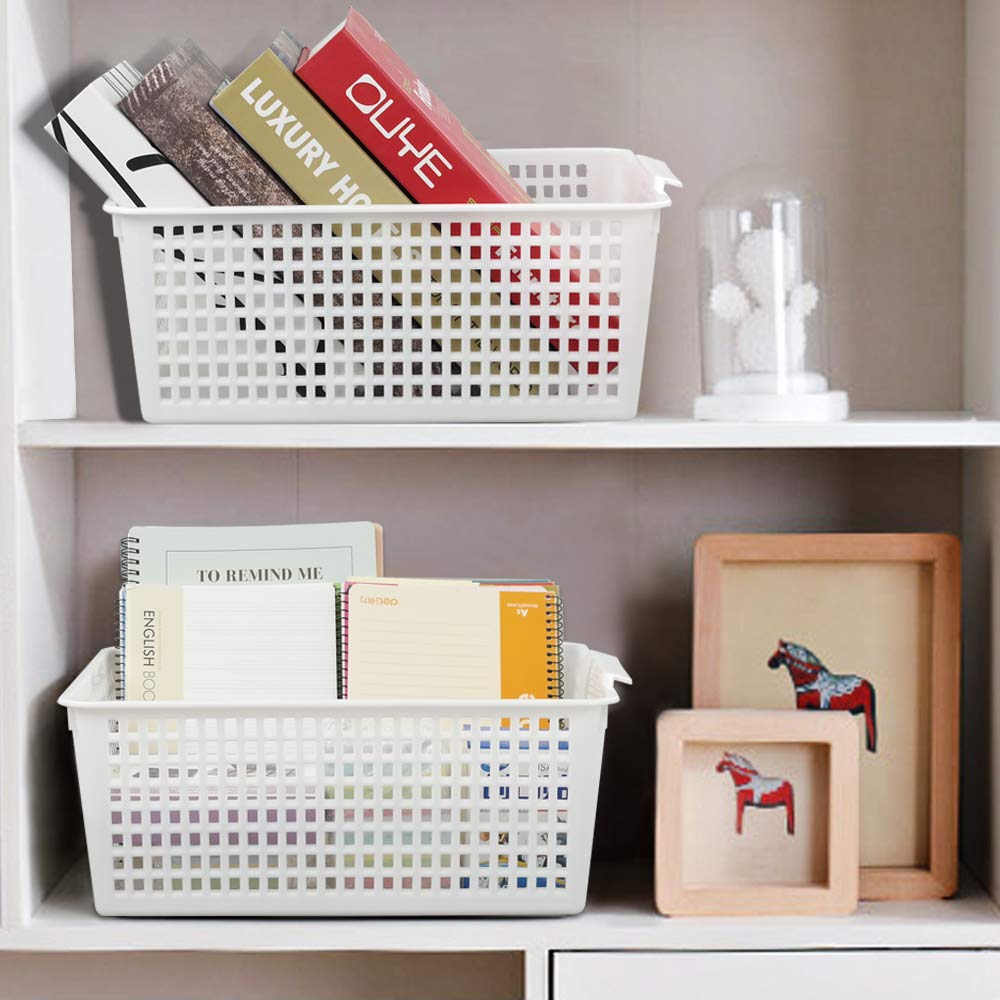 Fosly Large Rectangular Storage Basket Set of 4, White Plastic Basket Boxes