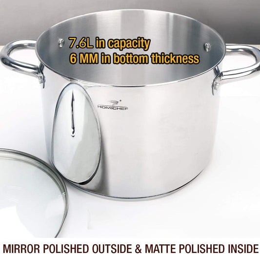 HOMICHEF Stock Pot 24.5 cm 7.6 Litre with Lid Nickel Free Stainless Steel - Mirror Polished Stockpot 7.6 Litre with Lid - Healthy COOKWARE Stockpots