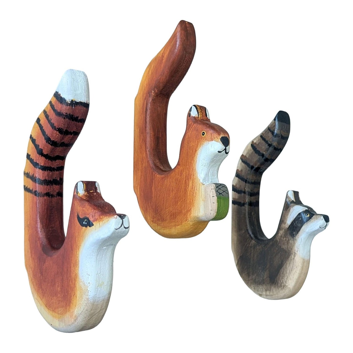 your castle 3 Wall Hooks Coat Hooks Clothes Hooks made of Wood: Squirrel/Fox/Raccoon hand-crafted, Clothes Hooks for Boys & Girls