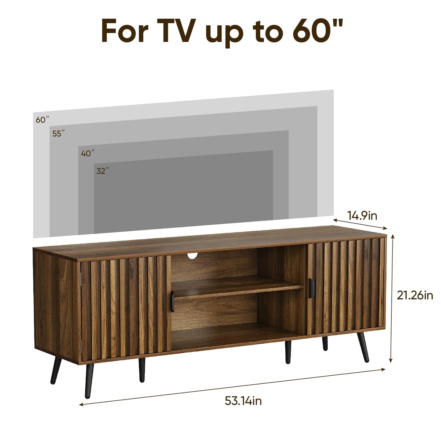 Smart FENDEE 135cm TV Stand, TV Console for TV up to 55 Inch, Mid Century Modern Entertainment Center with Fluted Doors and Adjustable Shelf for