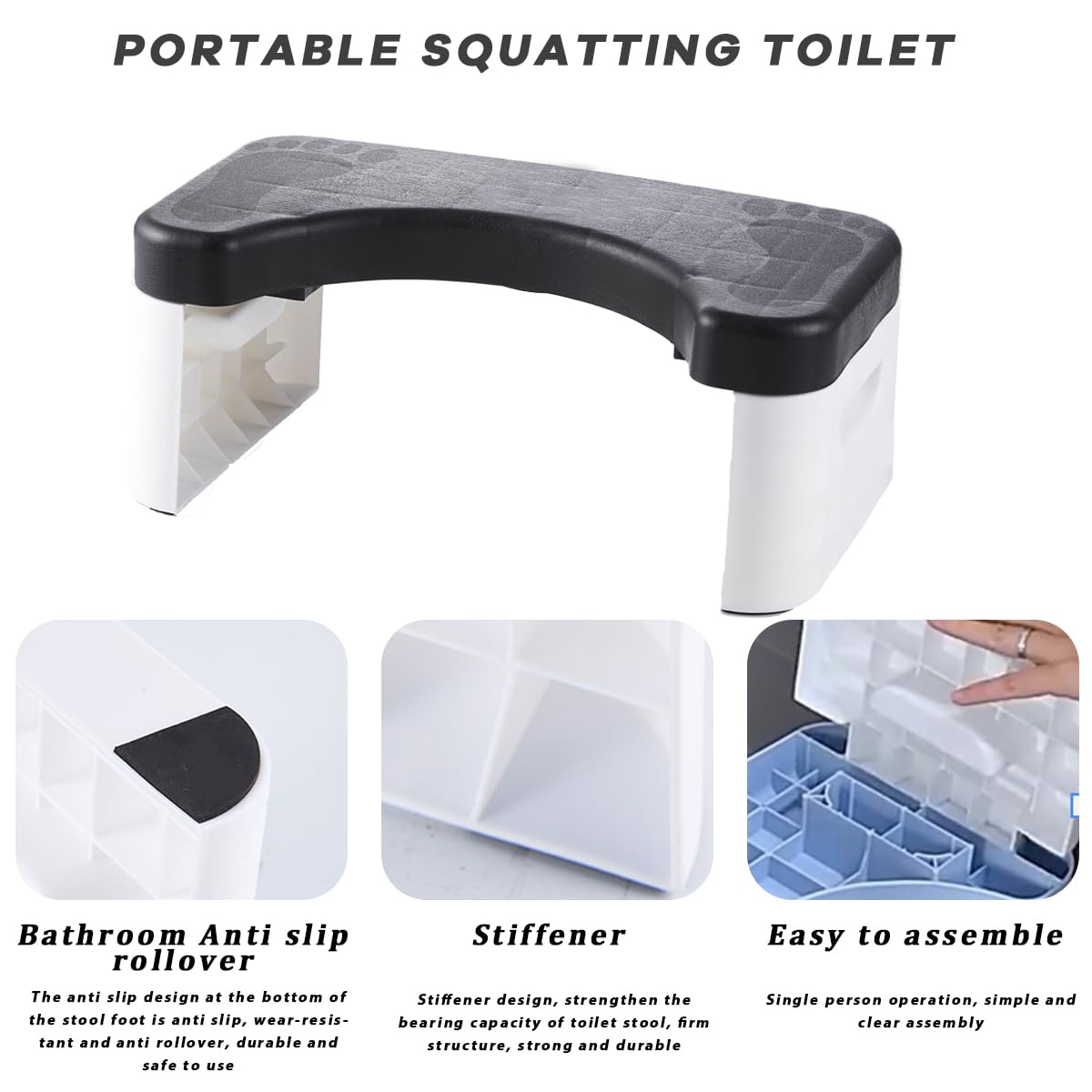 Black Squat Toilet Stool - Portable, Multifunctional Seat Tray, Sturdy & Compact for Home Bathroom