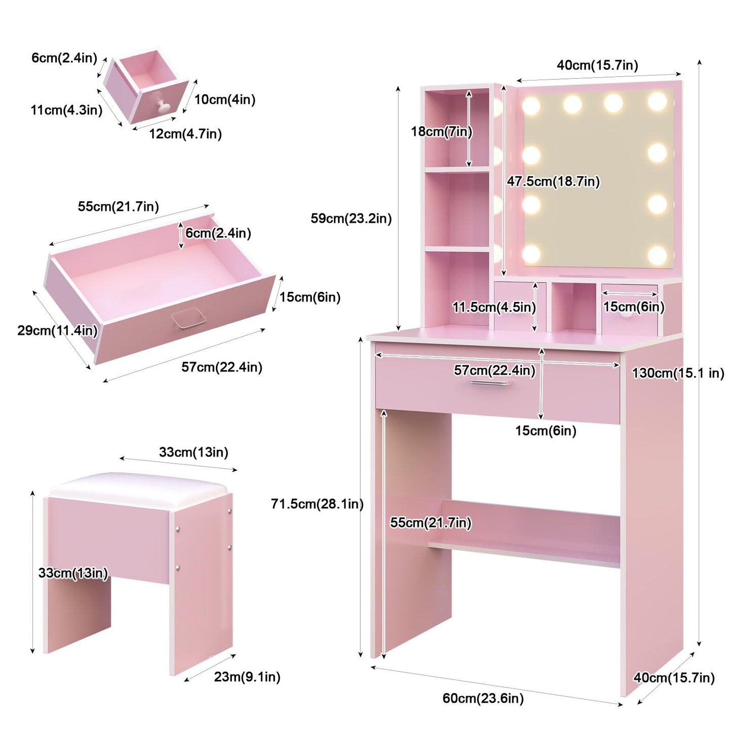 ANCOLOV Dressing Table with Mirror and Stool, 10 LED Light Bulbs Vanity Desk with Storage Shelves & 3 Drawers