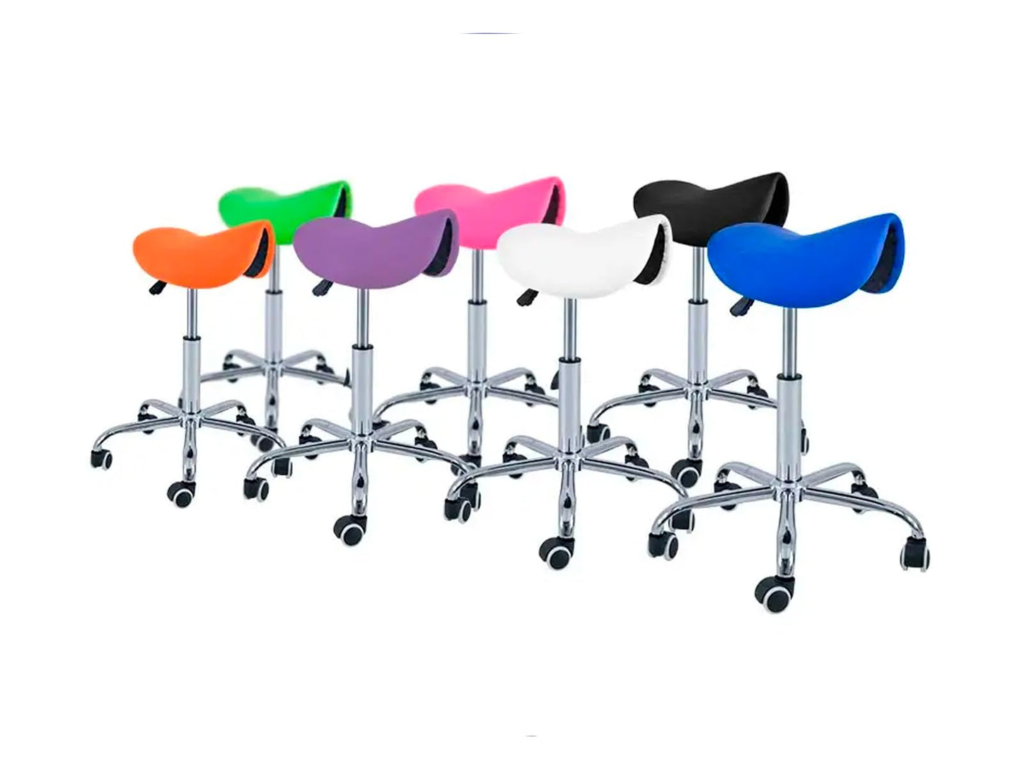 QUIRUMED Pony Stool 5 Wheels, Chrome Base, Silver Colour, Upholstered in Leatherette, Height Adjustable, Lightweight, Ergonomic Design, Rotary