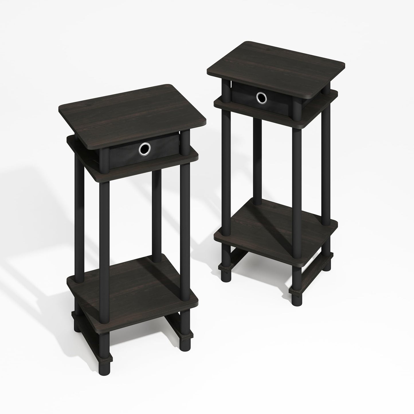 Furinno MODERN Side Table Set of 2, 3-Tier End Table with Storage Bin, Open Shelf Night Stand, Bedside Table, for Living Room, Bedroom, Black Espresso
