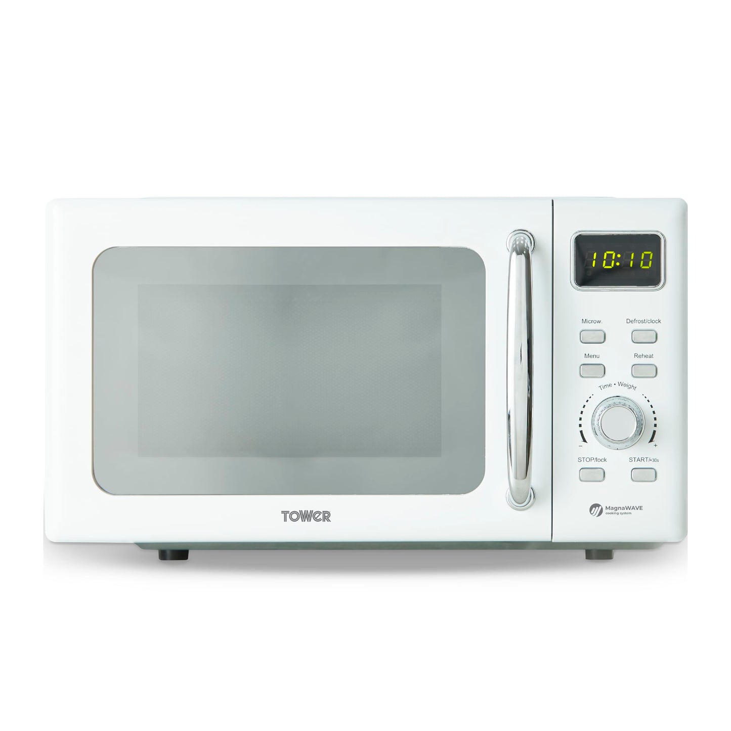 Tower T24041WHT Digital Microwave with Sleek Mirror Door, 800W, 20L, White & Chrome