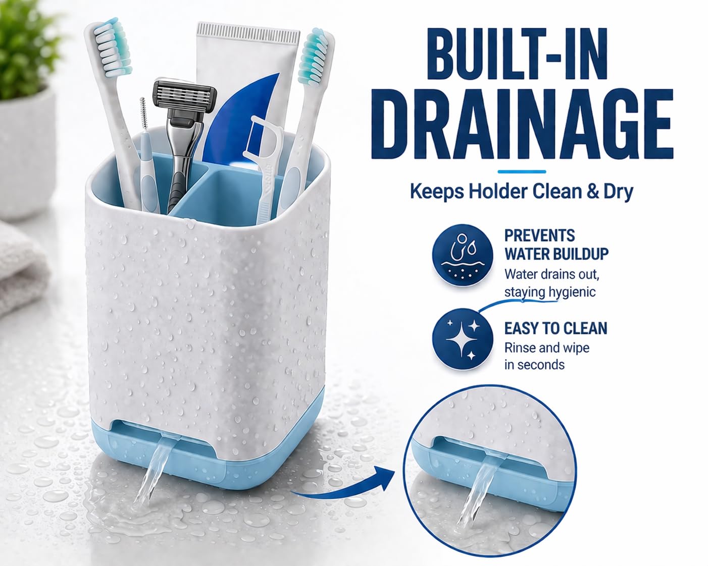 Gill Global Toothbrush Holder with Toothpaste Squeezer, 3 Slot Bathroom Organiser, Toothbrush Stand with Drainage, Bathroom Storage Cup
