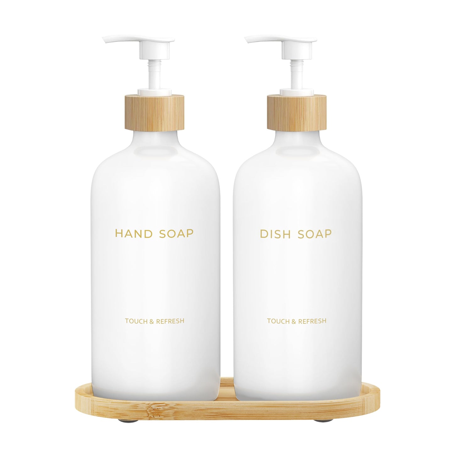 Soap Dispenser Set with Tray - Hand and Dish Soap Dispenser for Kitchen - Bamboo Pump Bottles for Kitchen Sink,Modern Kitchen Decor & Accessories.