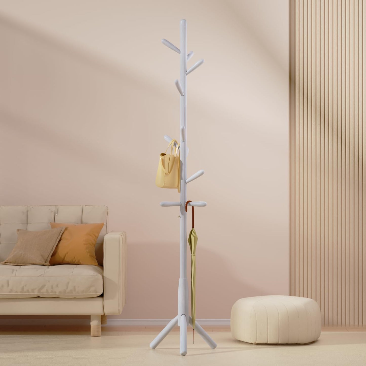 Solid Wood Coat Rack, Freestanding Tree-Shaped Coat Rack with 11 Hooks, Main Pole 1.6" dia for Clothes, Hat Stand Used in Bedroom/Office/Entryway